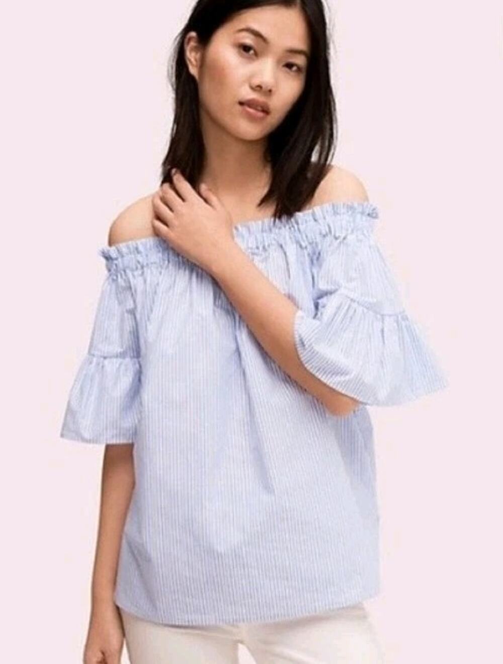 Kate Spade Broome Street Blue and White Stripe Off The Shoulder Top